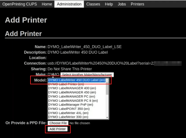 Schermata di selezione del modello sulla console OpenPrinting CUPS