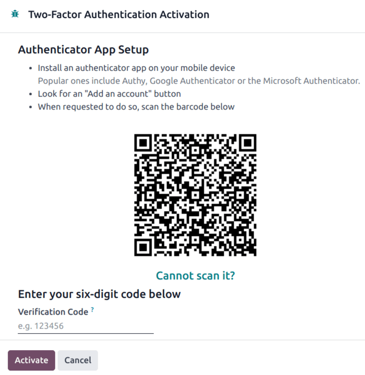Il codice QR per l'autenticazione 2FA in Laundry ERP.