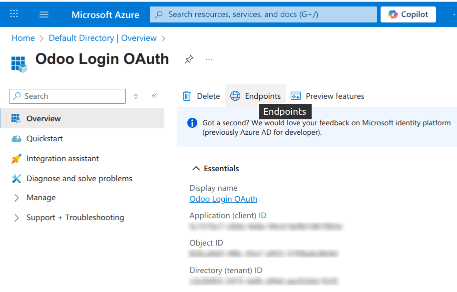 Credenziali ID Applicazione e Endpoint di autorizzazione OAuth 2.0 (v2).