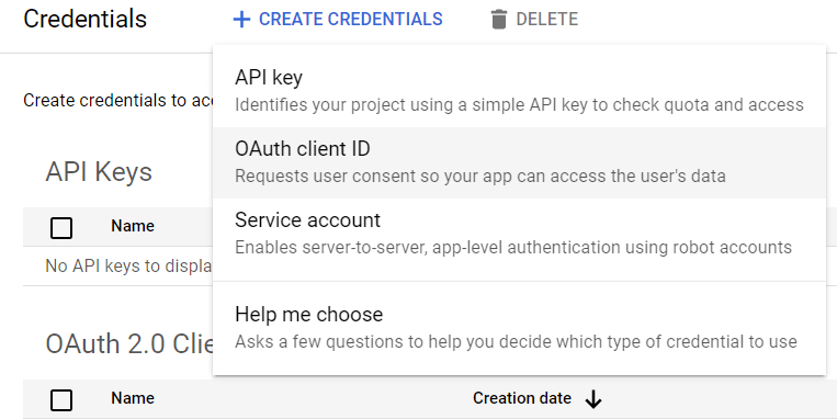 Selezione ID client OAuth.