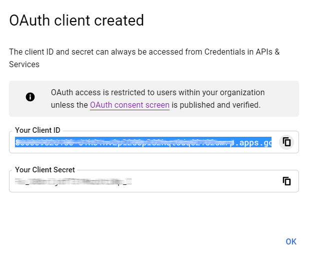 ID Client OAuth di Google generato.