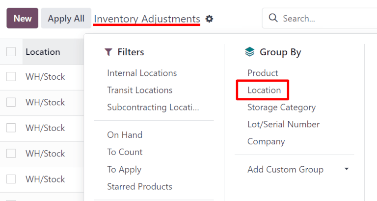 Menu Filtri e Raggruppa per nella pagina Rettifiche inventariali