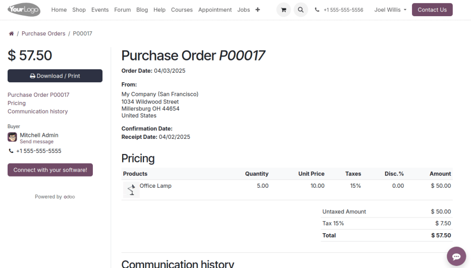 Vista portale dell'ordine con pulsante Connetti con il tuo software