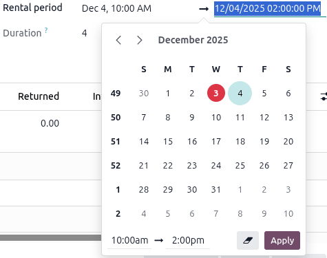 Calendario periodo noleggio