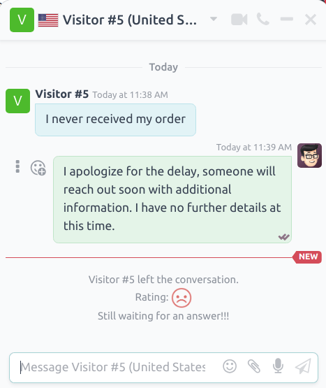 Vista di una finestra di chat dalla finestra dell'operatore che evidenzia una valutazione per Laundry ERP Live Chat