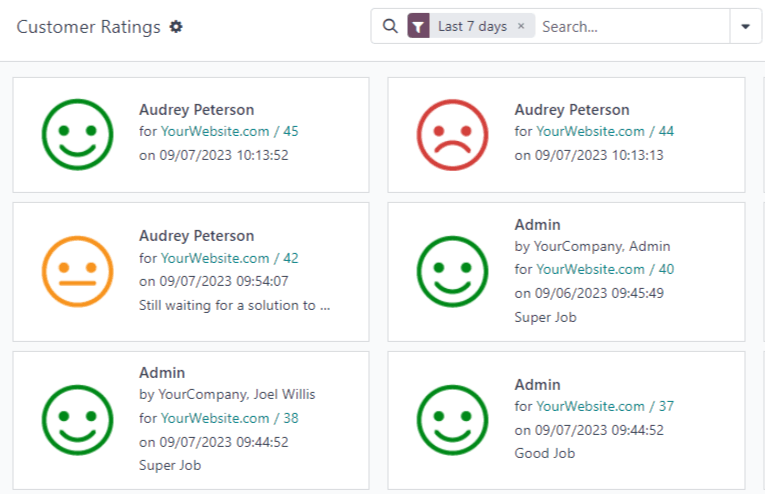 Vista del report valutazioni clienti in Laundry ERP Live Chat