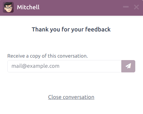 Vista della finestra live chat del cliente con messaggio di ringraziamento