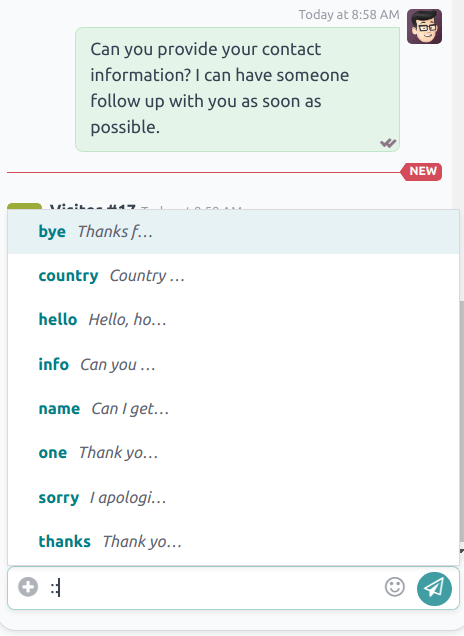 Vista di una finestra di chat e l'elenco delle risposte predefinite disponibili