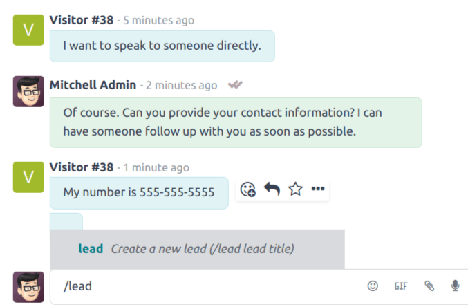 Vista dei risultati da un comando /lead in una conversazione Live Chat