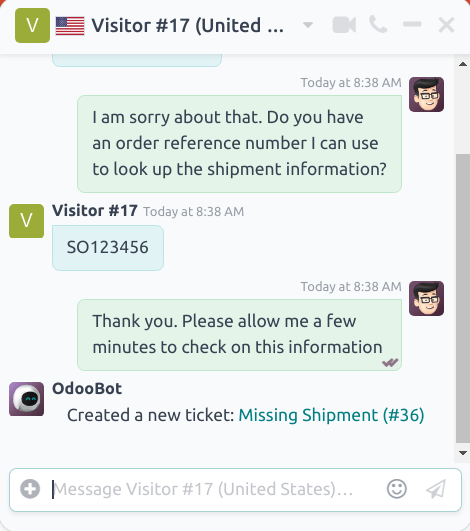 Vista della finestra chat con un ticket helpdesk creato in Laundry ERP Live Chat