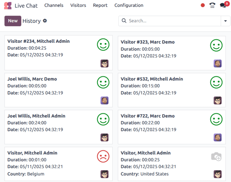 Esempio del report Storico Sessioni dall'applicazione Live Chat